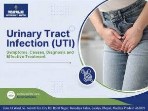 Urinary Tract Infection (UTI) awareness banner showing a woman holding her lower abdomen due to urinary discomfort. The image highlights UTI symptoms, causes, diagnosis, and treatment, presented by Pushpanjali Superspeciality Hospital, Bhopal.