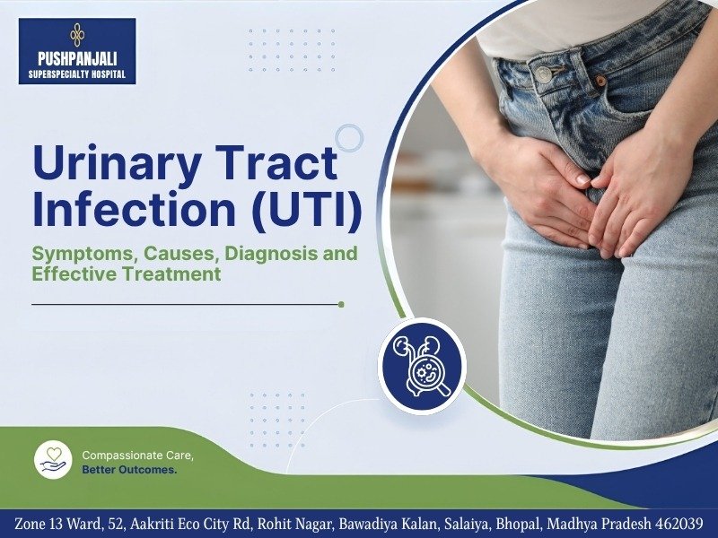 Urinary Tract Infection (UTI) awareness banner showing a woman holding her lower abdomen due to urinary discomfort. The image highlights UTI symptoms, causes, diagnosis, and treatment, presented by Pushpanjali Superspeciality Hospital, Bhopal.
