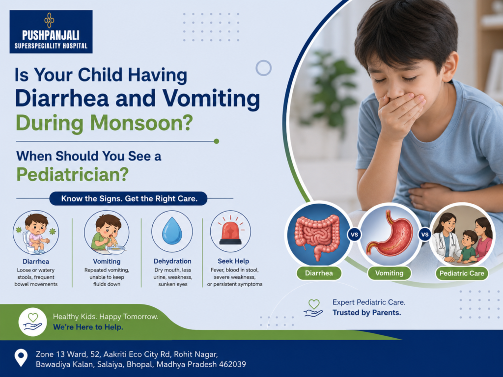 Child experiencing diarrhea and vomiting during monsoon, highlighting dehydration warning signs and when to consult a pediatrician in Bhopal.