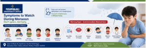 Common symptoms of diarrhea and vomiting in children during monsoon, including loose stools, vomiting, stomach cramps, fever, poor appetite, dehydration, and weakness.